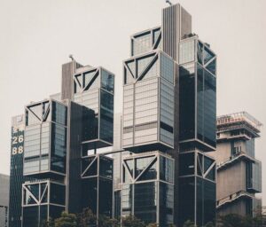Impressive modern architecture of tall skyscrapers in an urban cityscape, highlighting geometric design.